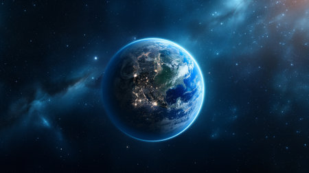 Earth planet in space with stars and nebula. 3D renderingの素材