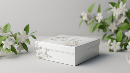 White gift box with jasmine flowers on white background. 3d renderingの素材