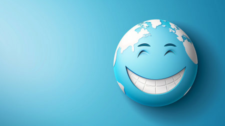 Emoji smiley with world map on blue background. Vector illustration.の素材