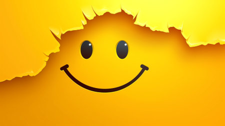 Smiling face coming out of a hole in yellow paper. 3d illustrationの素材