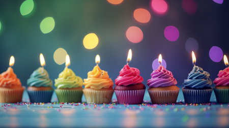 Birthday cupcakes with candles on colorful bokeh background.の素材