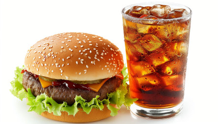 Hamburger and glass of cola isolated on a white backgroundの素材