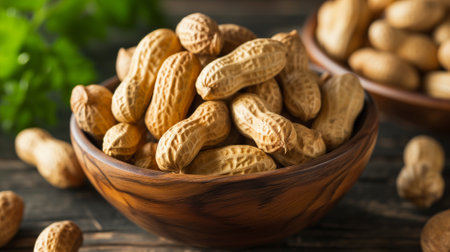 Peanuts in bowl on wooden table, closeup. Healthy snackの素材