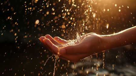 Close up of woman's hand with splashes of water on nature backgroundの素材