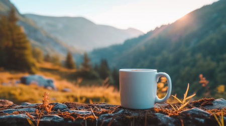 Coffee cup on a rock in the mountains at sunset.の素材