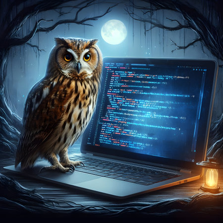 Owl on the laptop screen with computer program code. 3D renderingの素材