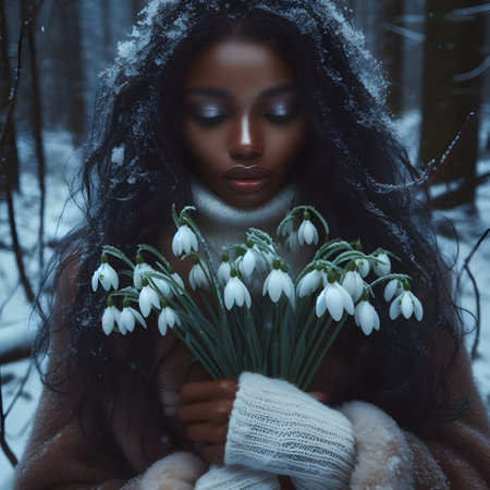 Beautiful young woman with snowdrop flowers in the winter forest.の素材