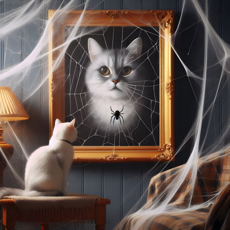 Portrait of tht cat with spiders and spider web. 3d renderingの素材