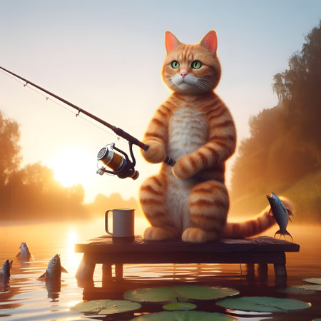 Cat fishing on the lake at sunrise. Cat with a fishing rod.の素材