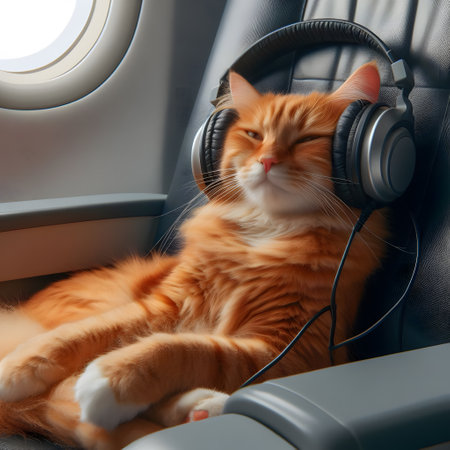 Cute ginger cat listening to music in headphones while traveling by airplane.の素材