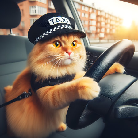 Cute red cat in cap sitting on the steering wheel of a taxi.の素材