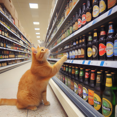 Cute ginger cat looking at a bottle of beer in a supermarketの素材