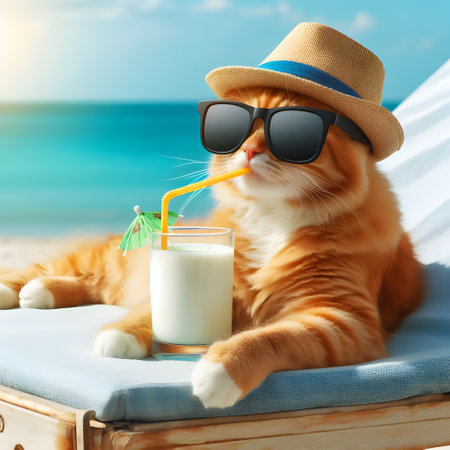 Cute ginger cat wearing a straw hat and sunglasses with a glass of milk on the beachの素材