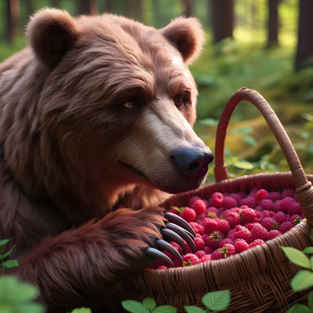 Grizzly bear with a basket of raspberries in the forestの素材