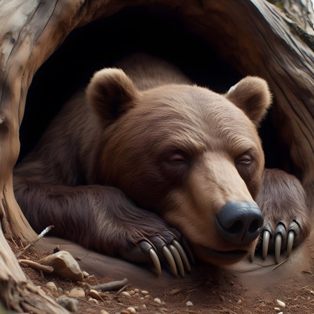 Close-up of a brown bear sleeping in a tree hole.の素材
