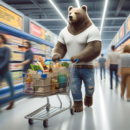 Bear with shopping cart in supermarket. 3d rendering.の素材