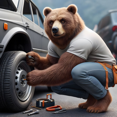 3D rendering of a brown bear mechanic repairing a car wheel.の素材