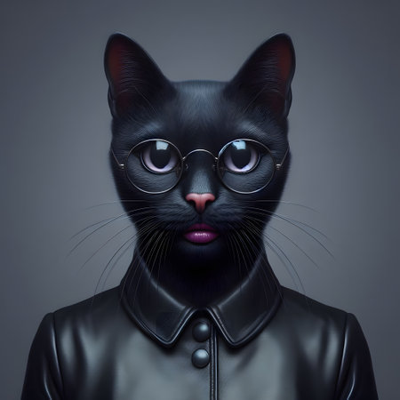 Fashion portrait of a black cat in a leather jacket and glasses.の素材