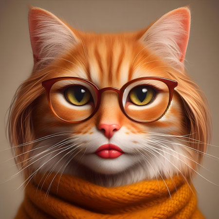 Portrait of a red cat wearing glasses and a warm scarf.の素材
