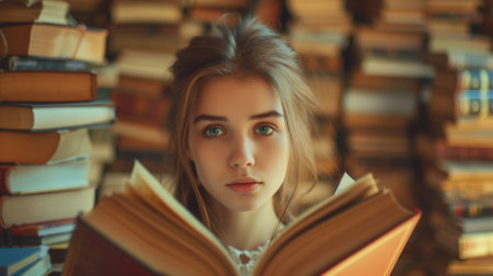 Portrait of a beautiful young girl in a library with books.の素材