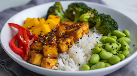 Tofu with rice, vegetables and sesame seeds in a bowlの素材