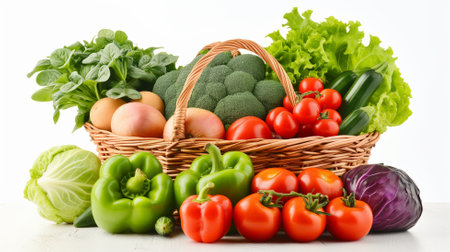 Fresh vegetables in basket isolated on white background. Healthy food concept.の素材