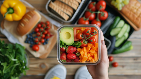 Healthy food in lunch box with vegetables and fruits, top viewの素材