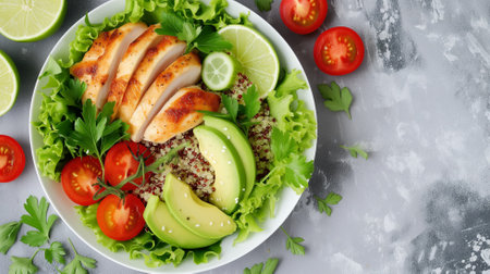 Healthy salad with quinoa, chicken and avocado on light backgroundの素材