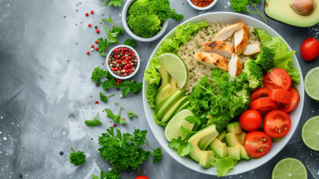 Healthy lunch bowl with quinoa, avocado, chicken and vegetables on gray background. Top view, flat layの素材