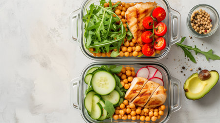 Healthy lunch box with chicken, chickpeas, tomatoes, cucumbers, avocado and arugulale background. Top view, copy spaceの素材
