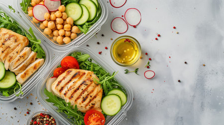Healthy lunch box with grilled chicken, chickpea, cucumber, tomato, radish and arugula salad.の素材