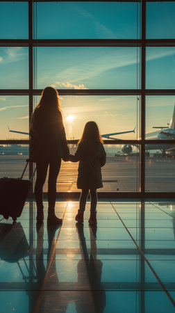 Silhouette of mother and daughter at the airport. Travel conceptの素材