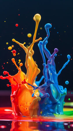 Colorful paint splashes isolated on black background. 3d renderの素材