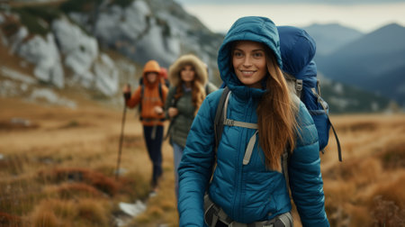 Young woman with backpack hiking in mountains. Hikers in autumn natureの素材