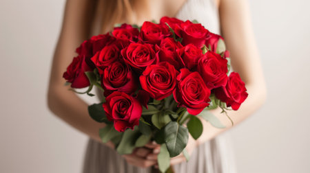 Close up of a woman holding a bouquet of red roses.の素材