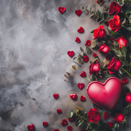 Valentines day greeting card with red roses, hearts and copy spaceの素材