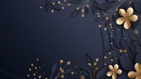 Dark blue background with golden flowers and leaves. Floral design.の素材