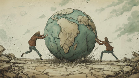 Man and woman are fighting for the earth. Conceptual image.の素材