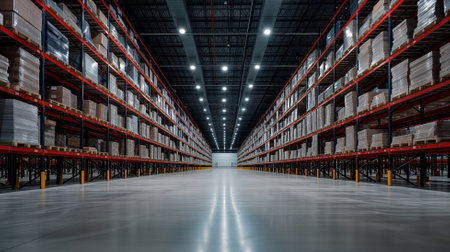 Warehouse interior with rows of shelves and rows of boxes. 3d renderingの素材