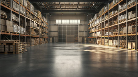 3d rendering of warehouse with shelves and shelves in industrial warehouse.の素材