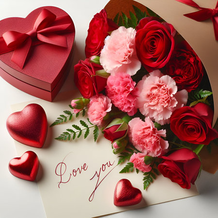 Valentine's Day greeting card with beautiful flowers and gift box on white backgroundの素材
