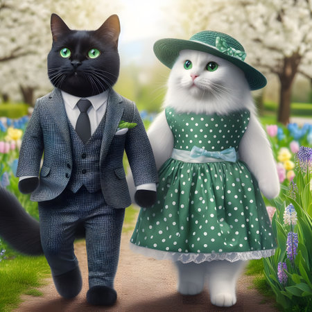 Cute cat in a green suit and a white cat in a green dress.の素材