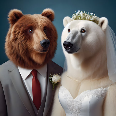 Wedding couple of bears on blue background.の素材