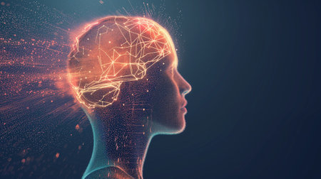 Human head with brain and connection lines. Artificial intelligence concept. 3D Renderingの素材