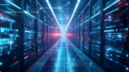 Server room data center. 3d rendering toned image double exposureの素材