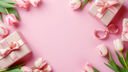 Top view of pink tulips and gift boxes on pink background with copy spaceの素材