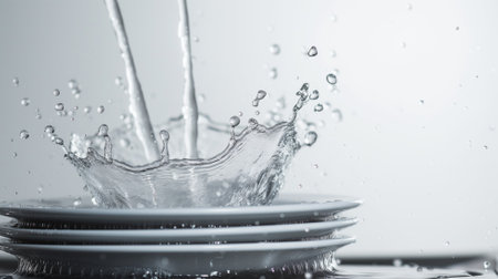 Clean plates and glasses with splashes of water on a white backgroundの素材