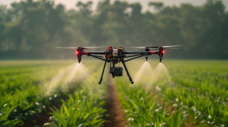 Agriculture drone spraying fertilizer on young wheat seedlings, agricultural technologyの素材