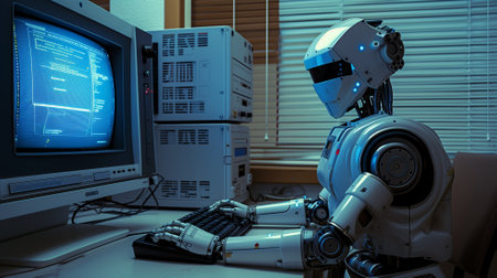 3d rendering robot working in the office with computer monitor. Technology conceptの素材