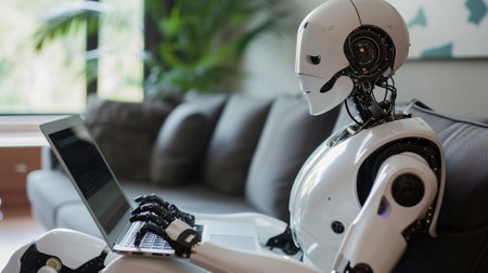 Robot working on a laptop while sitting on a sofa at homeの素材